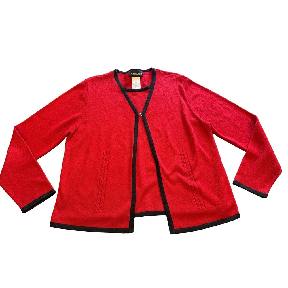 Sag Harbor Open Front Sweater Cardigan Women Large Red Black Braided Detail